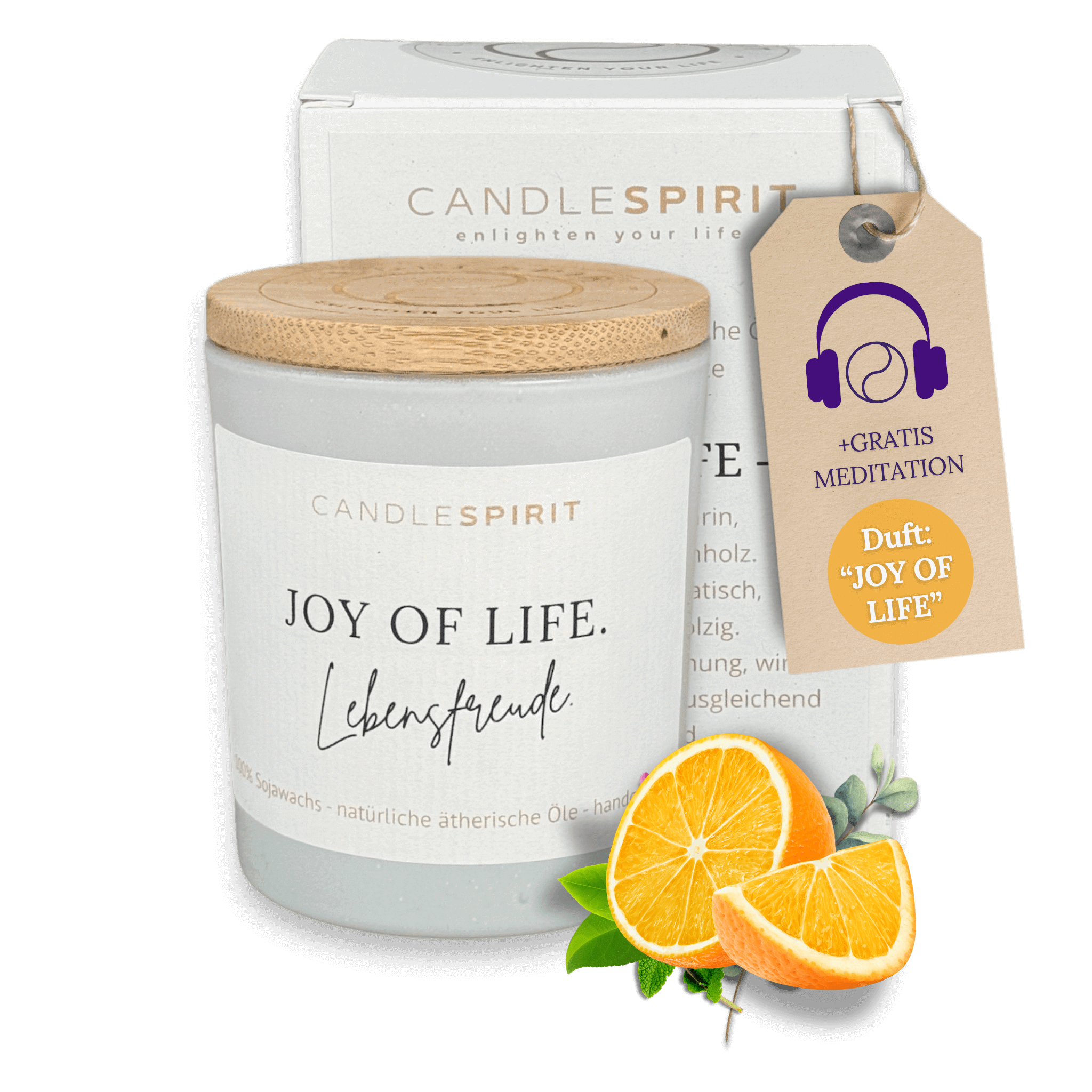 OUTLET – Aromatherapie Duftkerze | Duft JOY OF LIFE | Zitat "JOY OF LIFE. Lebensfreude" | Bio-Sojawachs | Gratis Meditation