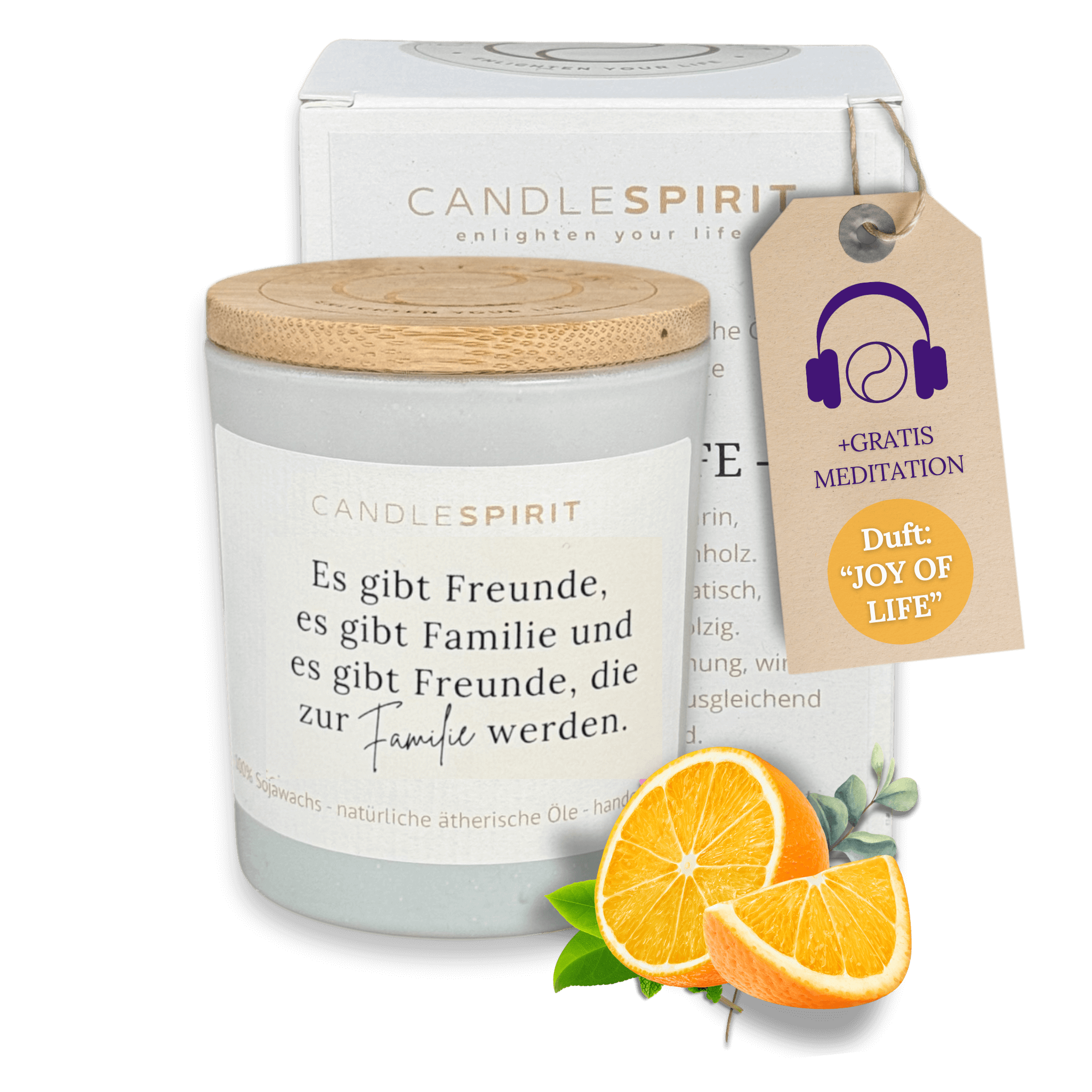OUTLET - Aromatherapie Duftkerze | Duft JOY OF LIFE | Zitat: "Es gibt Freunde, es gibt Familie..." | Bio-Sojawachs | Gratis Meditation