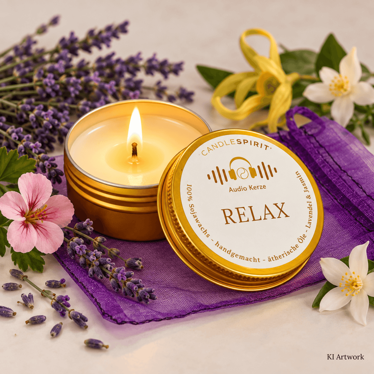 Audio-Duftkerze "RELAX" in Reisegröße riecht tropisch-floral mit ätherischen Ölen & Audio-Meditation | 50ml | ~8-9h Brennfreude