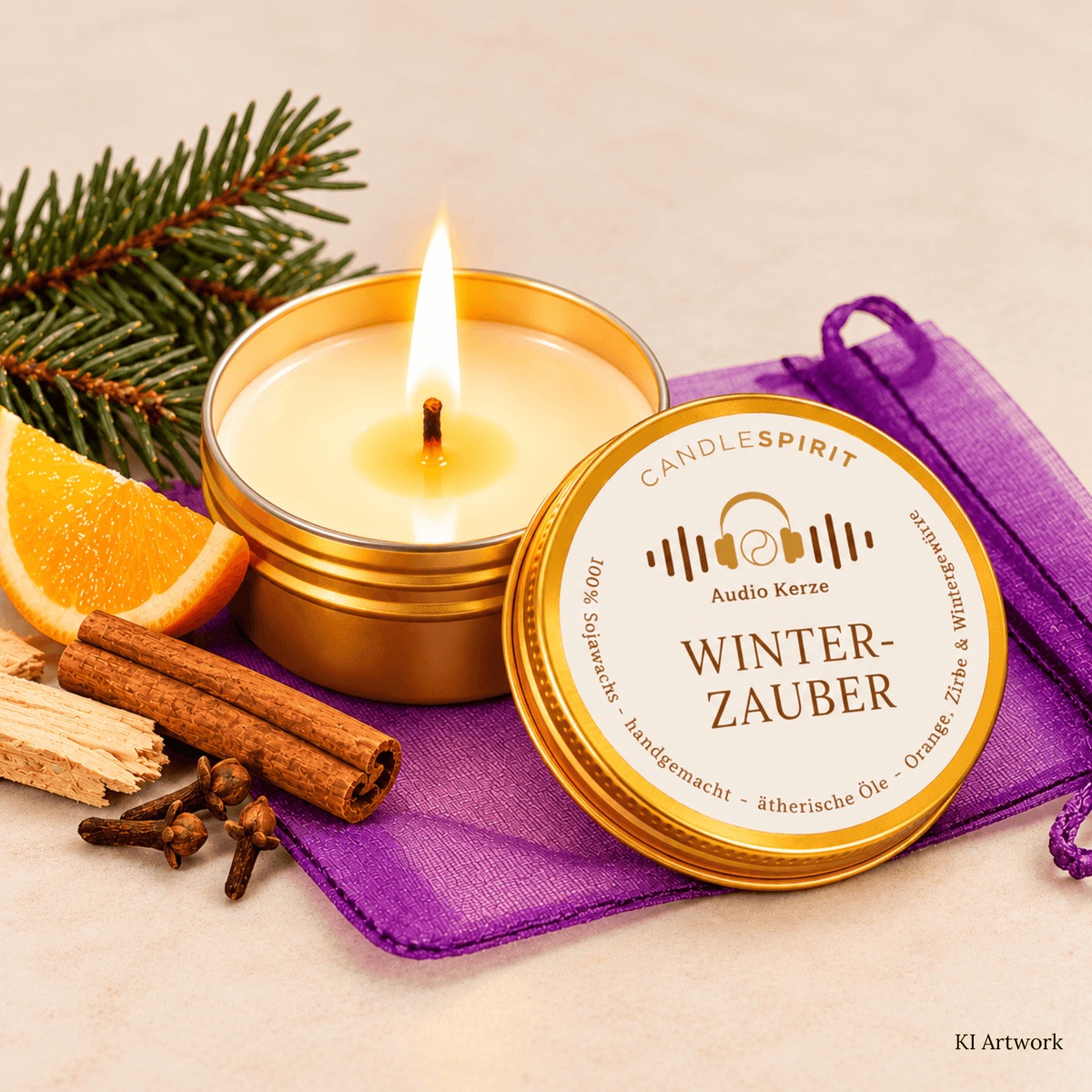 Audio-Duftkerze "WINTERZAUBER" in Reisegröße riecht festlich-würzig mit Audio-Meditation 50ml | 8-9h Brennfreude